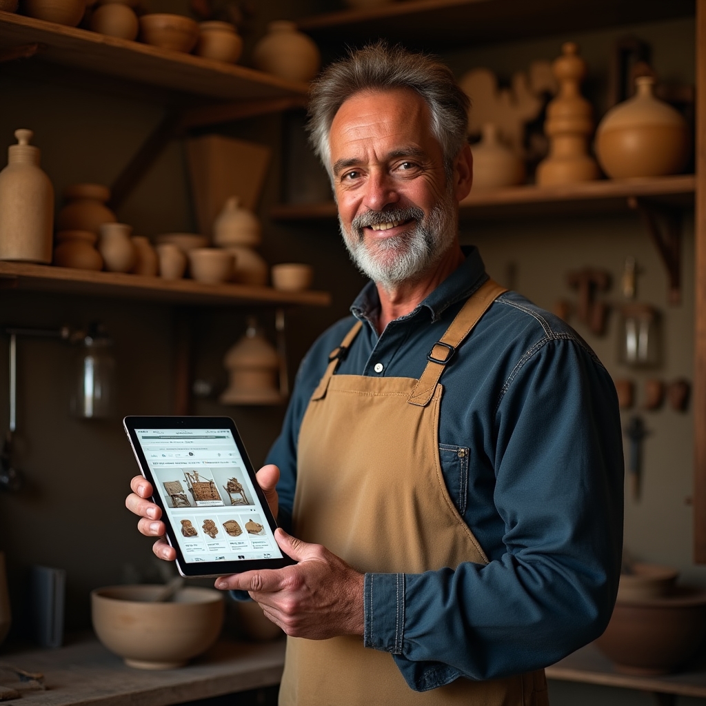 Artisan utilisant une tablette dans son atelier
