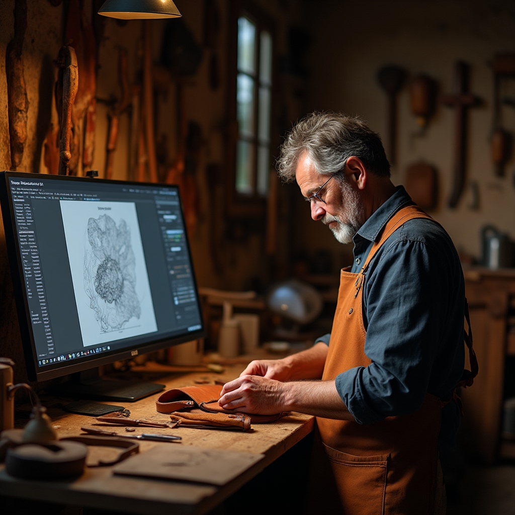 Atelier d'artisan avec outils traditionnels et numériques